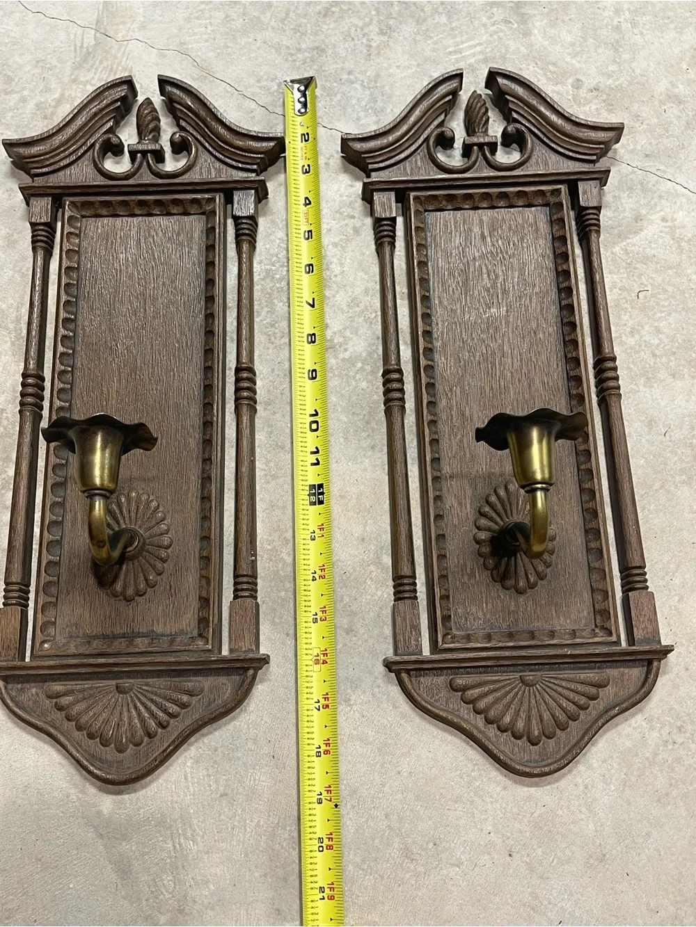 Classic Brown Wood Wall Sconce Pair with Brass Candle Holders